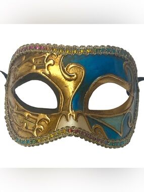Vintage Venetian Half Face Mask Blue & Gold Hand Painted Italy Musical Notes